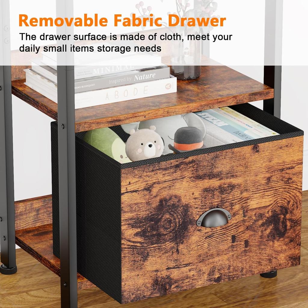 5-Tier Bookshelf with Drawer, Tall Narrow Wood & Metal Storage Shelf, Industrial Rustic Brown Standing Unit for Bedroom or Livin