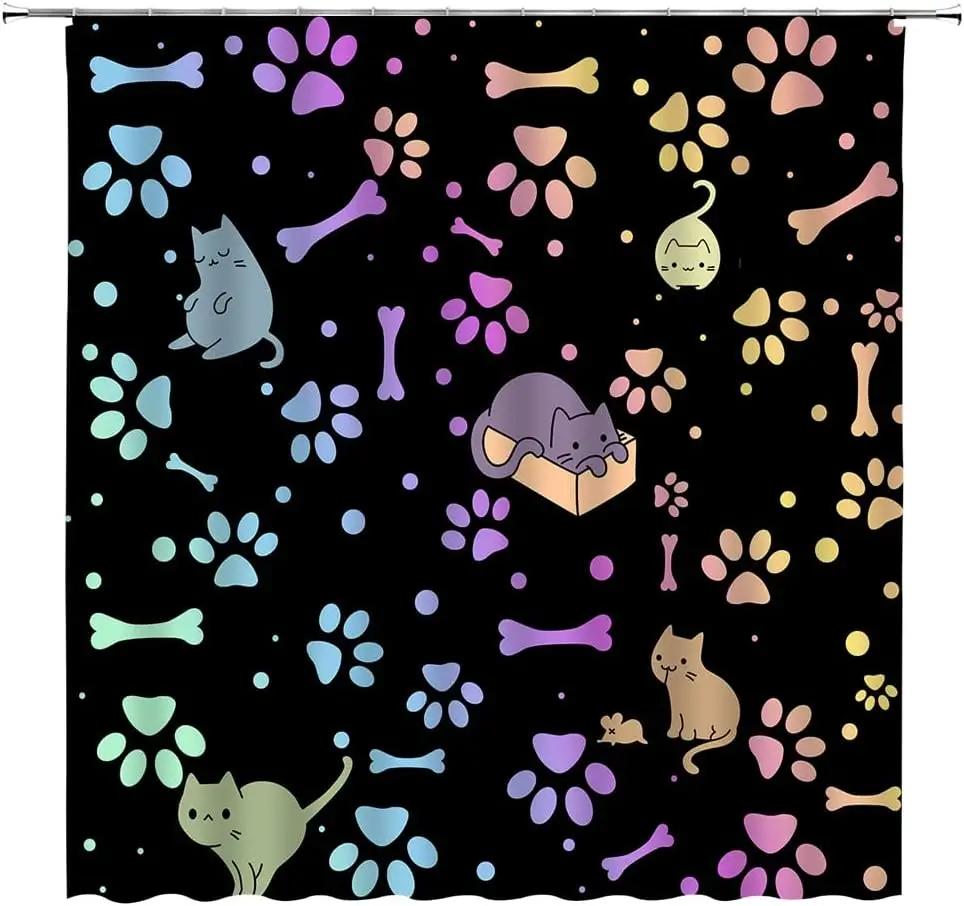 Paw Print Shower Curtain Gray Cat Dog Footprint Cute Lovely Pet Lover Cartoon Abstract Polyester Fabric Bathroom Decor Curtain