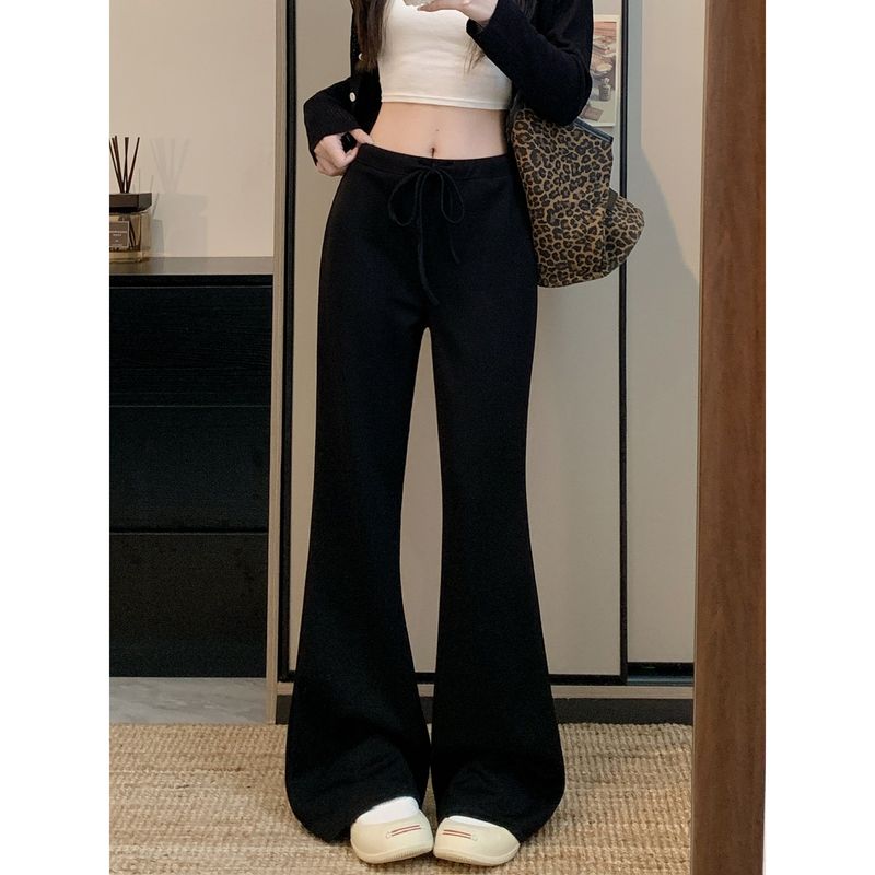 

Kumikumi Idle Style Simple Solid High Waist Casual Pants Women Autumn Loose Slimming Drape Bootcut Trousers Trousers Black M