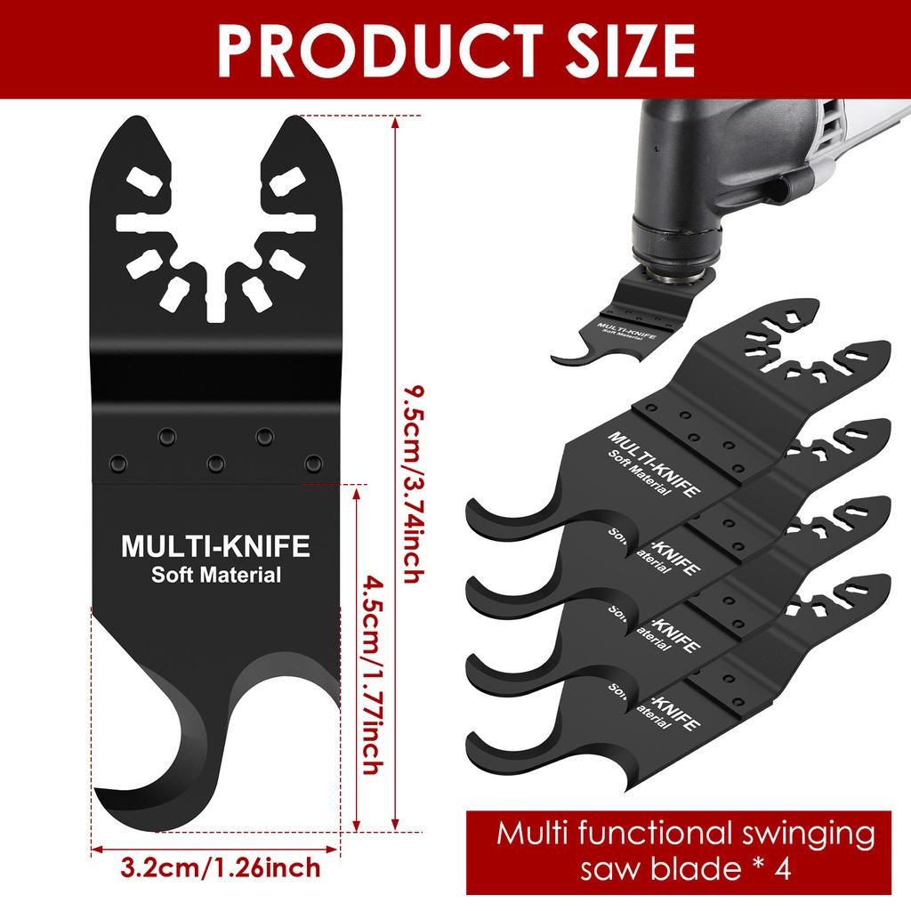 4Pcs Oscillating Multi Tool Hook Knife Blade Set High Carbon Steel Universal Oscillating Saw Hook Blade with 2 Adapter Cutting