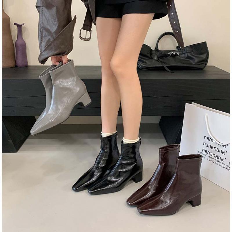 

Korean version of thick heel pointed short boots women s 2025 autumn and winter new temperament versatile fashion boots mid-heel back zipper thin bo 40 серый