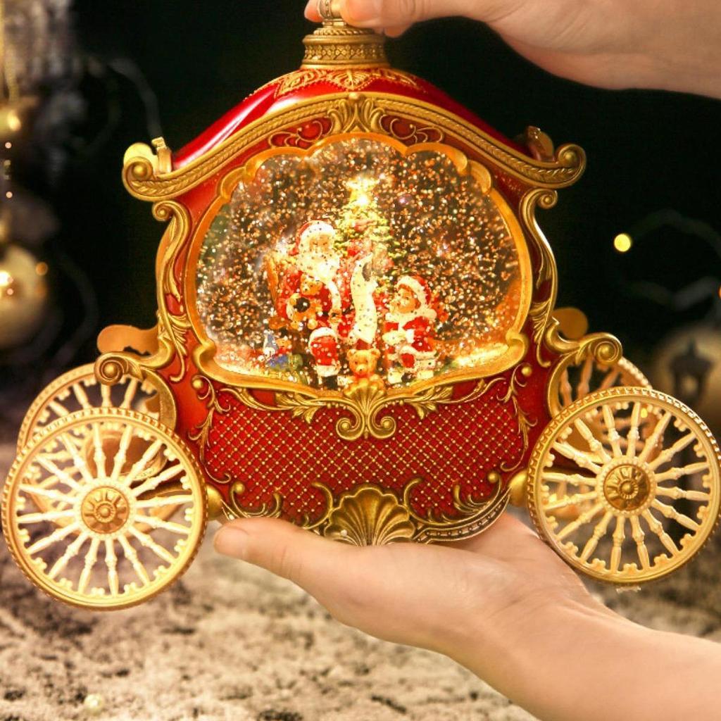 Christmas Snow Globe Craft Gift with Music & Light Glittering Music Box Santa Carriage Ornament for Holiday Decor Xmas Gift