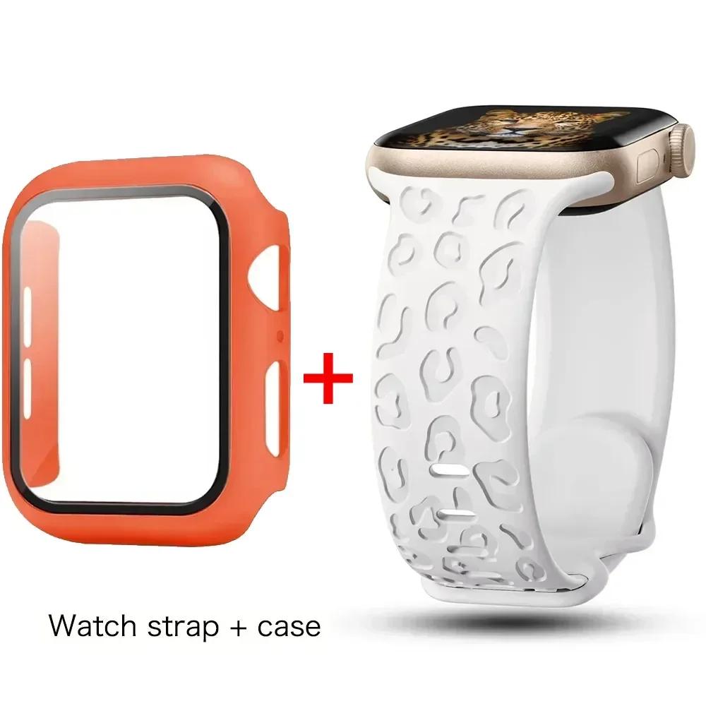 Glass+Case+Strap for Apple Watch Band 45mm 44mm 41mm 40mm Engraved Leopard belt for Apple IWatch Series 10 8 7 6 SE 5 46mm 42mm