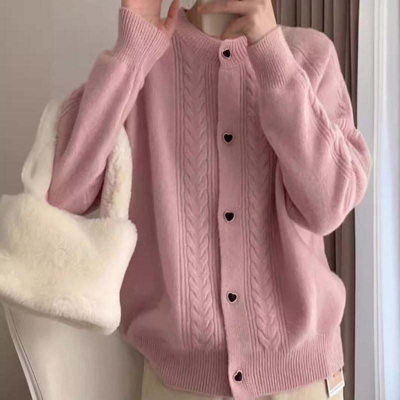 Autumn and winter new solid color versatile soft waxy love buckle knitted cardigan women's fashion sweater jacket