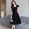 French coffee break square neck short-sleeved solid color dress summer new temperament waist fold fashion splicing long skirt
