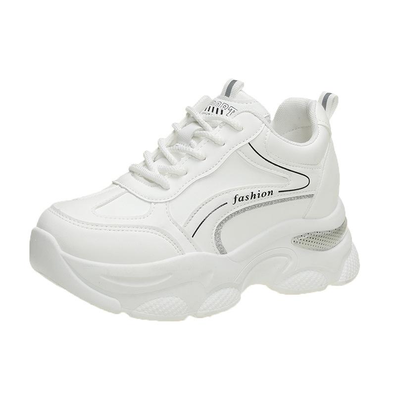 Leather casual sports shoes women's 2025 spring new heightening dad shoes women's fashion thick-soled running travel white shoes