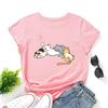 T-shirt estive da donna in cotone a maniche corte e girocollo ampio con stampa di gatto che dorme