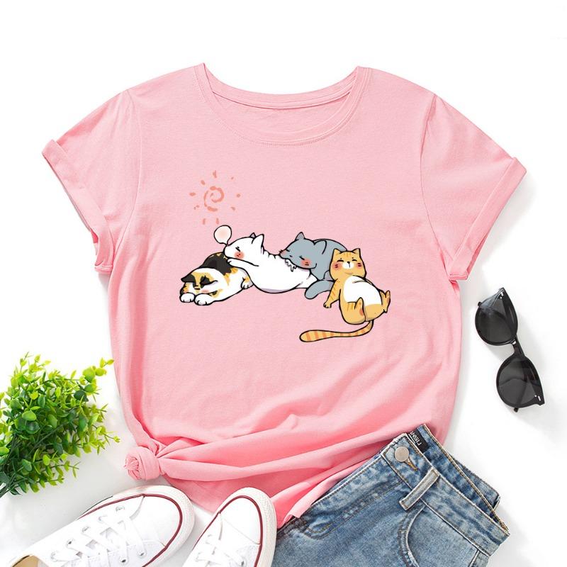 T-shirt estive da donna in cotone a maniche corte e girocollo ampio con stampa di gatto che dorme