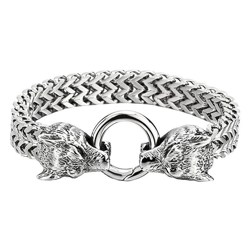 Stainless Steel Viking Wolf Head Bracelet with Franco Link Chain for Men