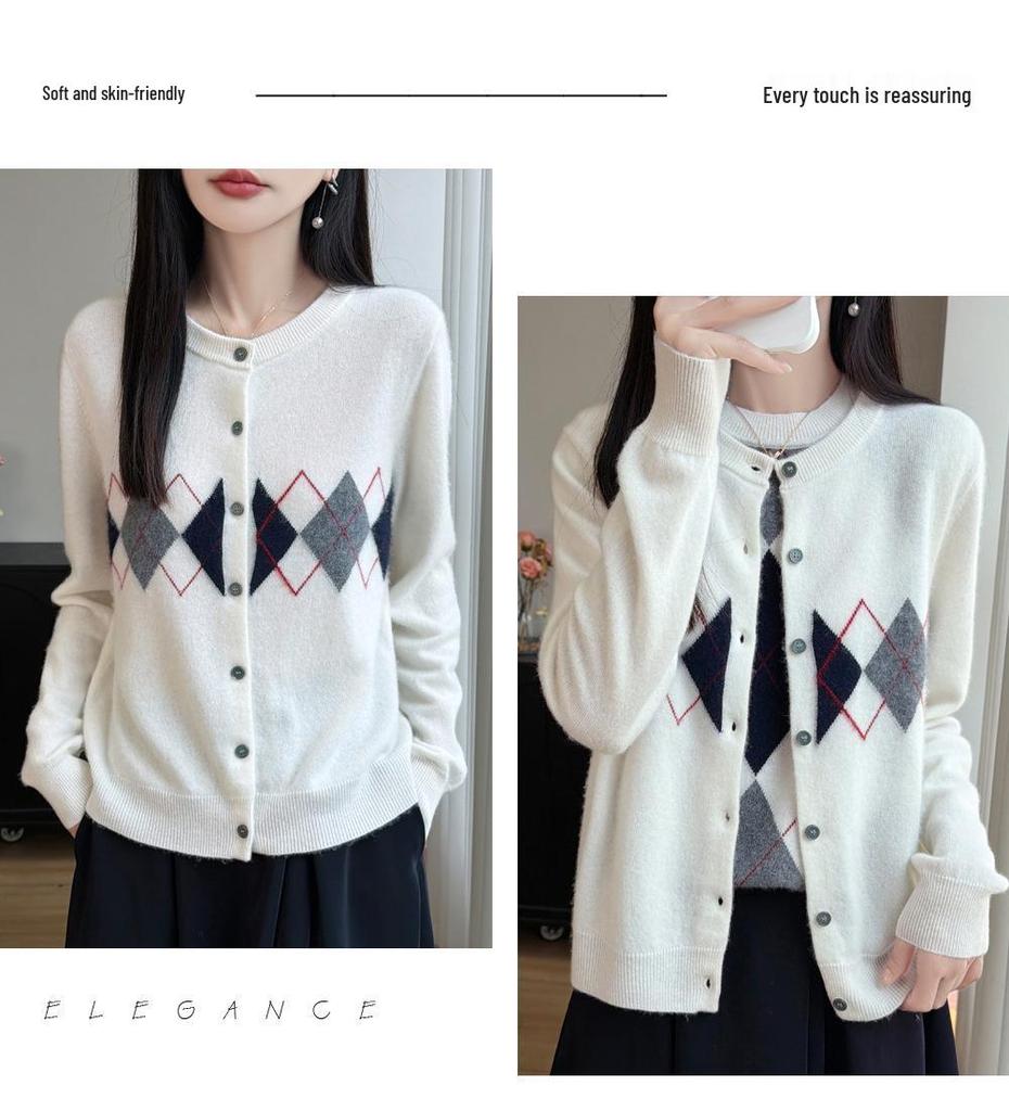 Women's Retro College Style Wool Round Neck Diamond Pattern Cardigan