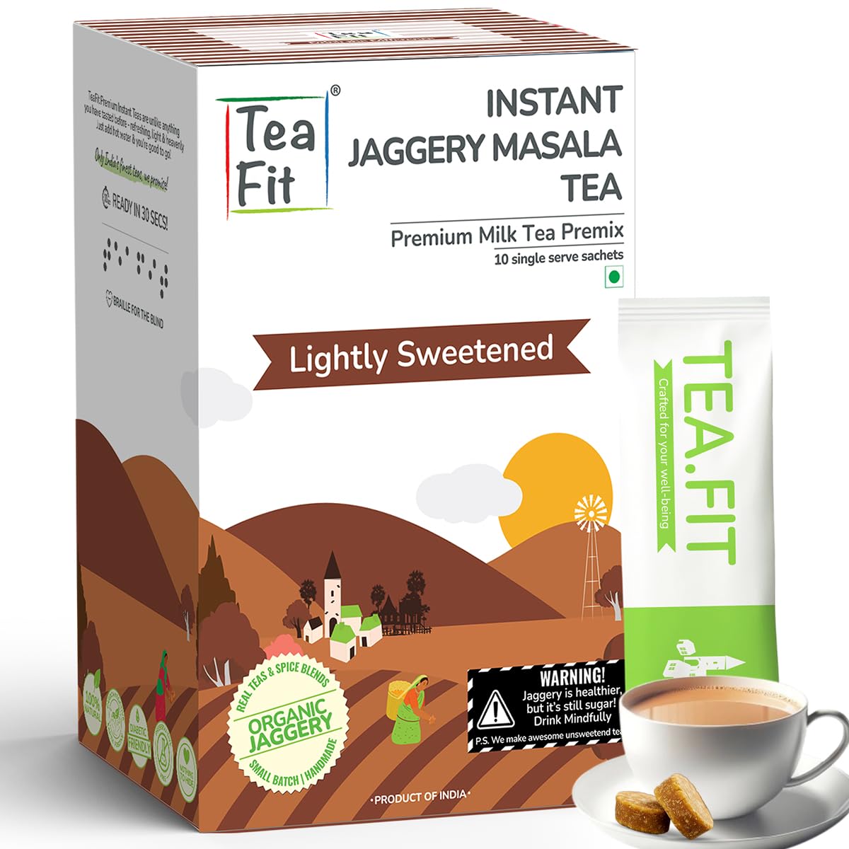 

TeaFit Instant Jaggery Masala Chai Premix | Desi Gud Chai | 10 Sachets (140gm) | Just Add Water | Made with Organic Cane Jaggery, Premium A