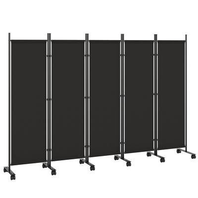 Folding Screen with 5 Panels with 12 Wheels 252x170 Cm Room Divider Folding Screen Customizable Assembly Black