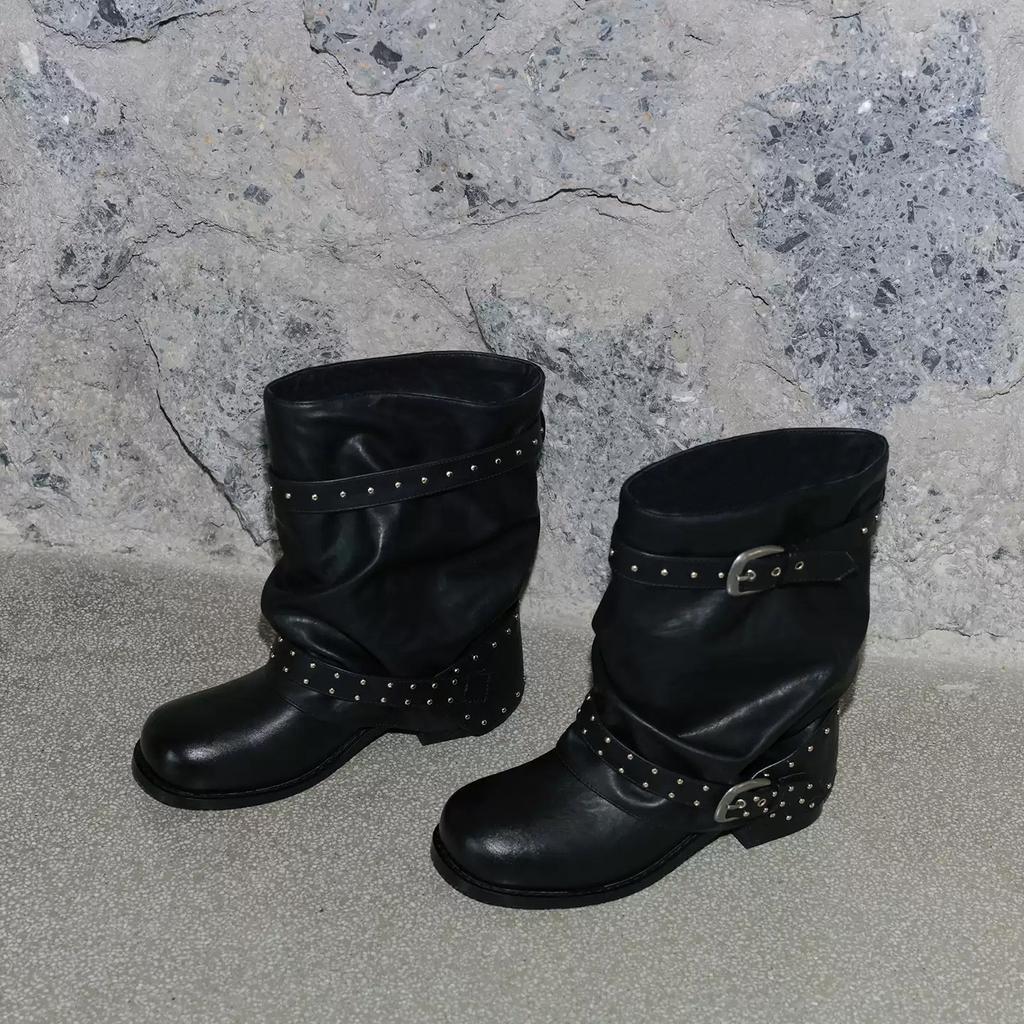 Women's European and American pants, spring and autumn belt buckle boots, locomotive boots, thick heel boots, short boots, new rivet knight looking