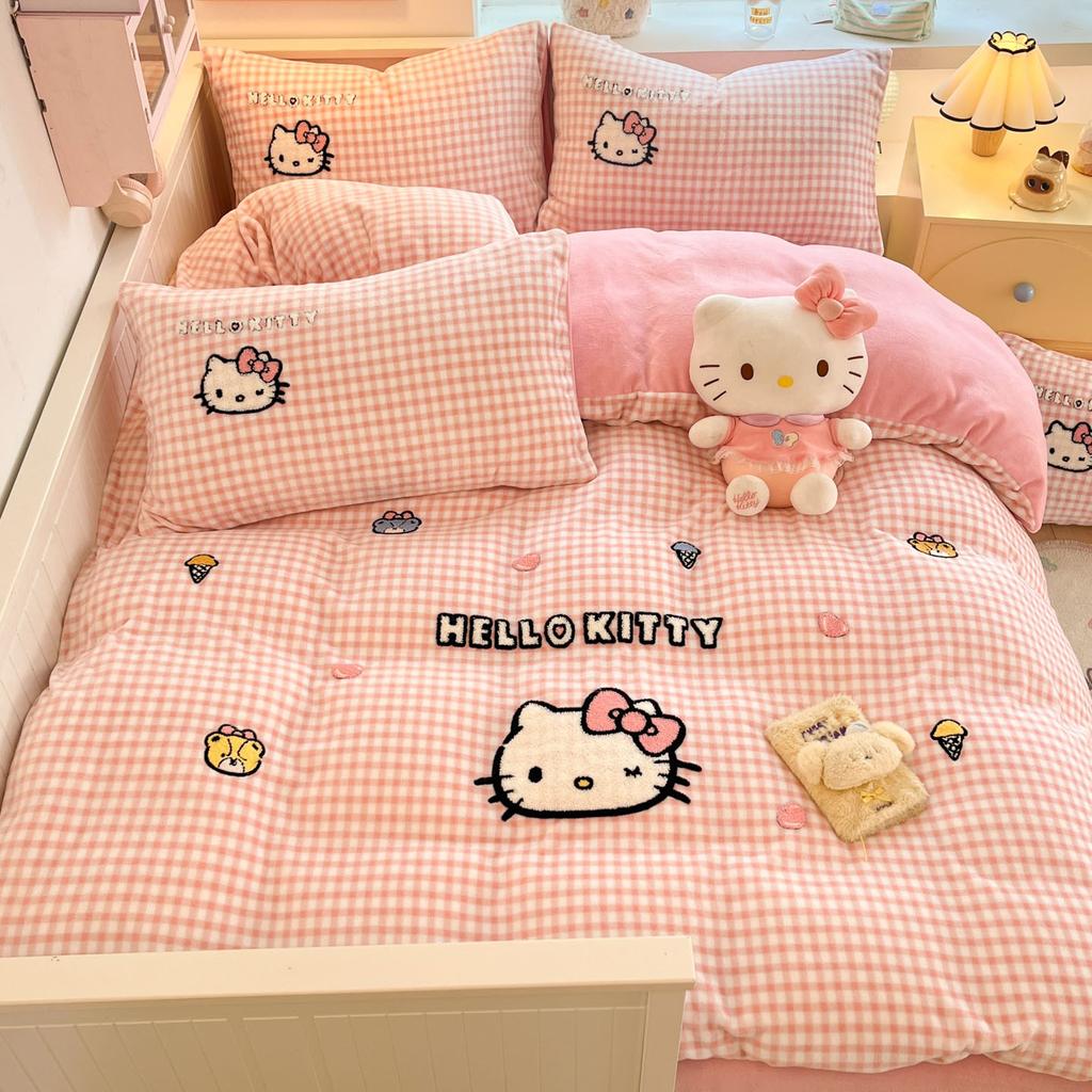 Cat Thickened Milk Fleece Four-Piece Set Cartoon Sticker Embroidered Fleece Quilt Cover Student Three-Piece Set