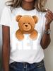 Unisex Cotton T-shirt with Plush Bear Print Round Neck Short Casual Unisex with Fun Letter Designs for Daily Wear