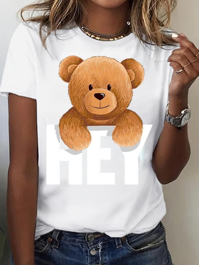 Unisex Cotton T-shirt with Plush Bear Print Round Neck Short Casual Unisex with Fun Letter Designs for Daily Wear