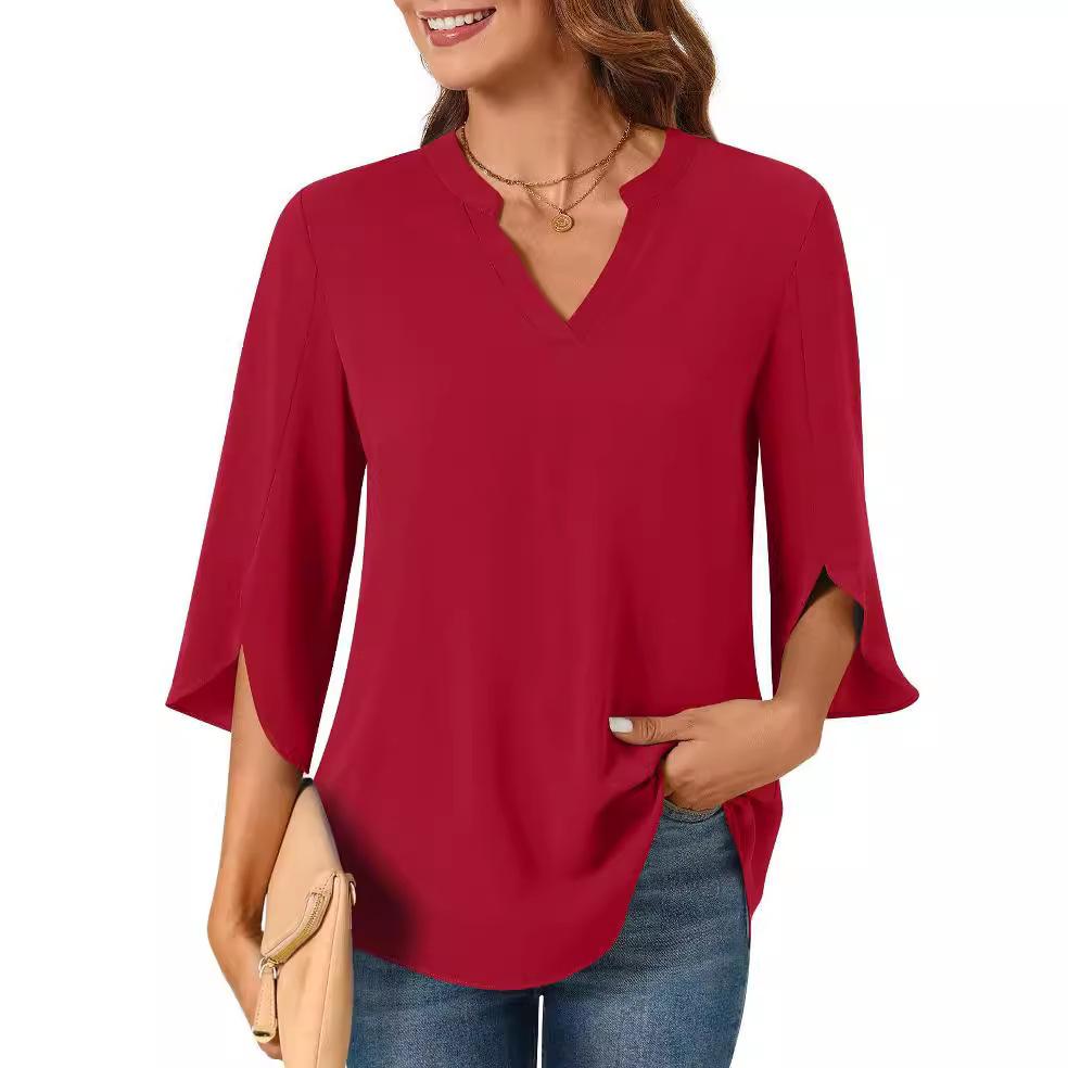 Women Puff Sleeve V Neck Solid Color Summer Chiffon Shirt Blouse Top