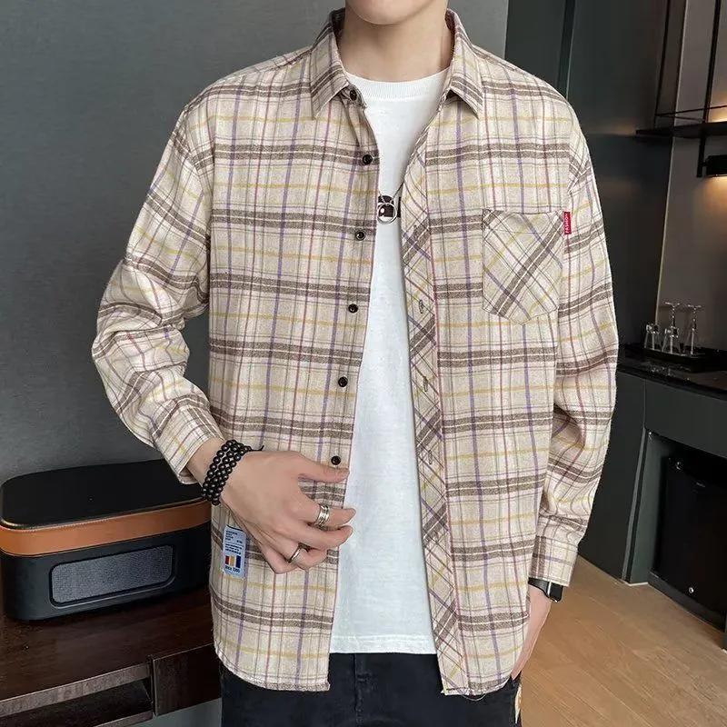 Spring Autumn Men's Long-sleeved Lapel Plaid Shirt Men's Versatile Retro Casual Shirt Blouse Jacket Men's Striped Plaid Shirt