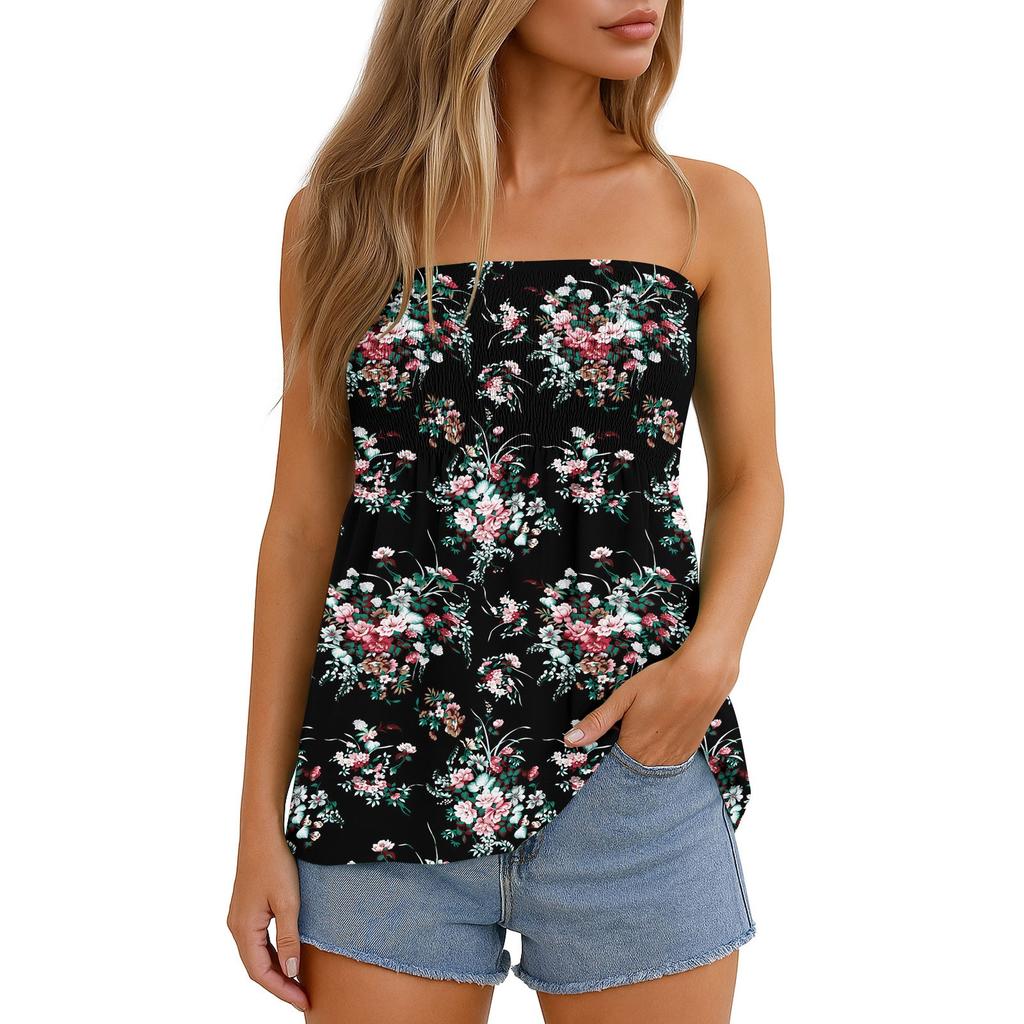 Damskie Topy Eleganckie Casualowe Bluzki Bez Rękawów Top Tube Dla Kobiet, Uroczy Seksowny T-shirt Bez Rękawów z Nadrukiem Odkrywający Ramiona