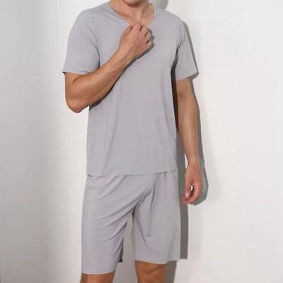 2Pcs/Set Men Sport Tracksuit Round Neck Short Sleeve T-shirt Elastic Waist Wide Leg Shorts Set Ice Silk Solid Color Sleepwear Homewear