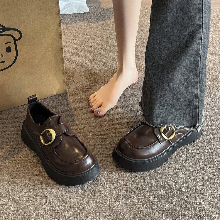 Britischer Stil kleine Lederschuhe Damen Frühling 2025 neu Muffin dicksohlig runde Zehe vielseitige Klettverschluss schwarze Slipper