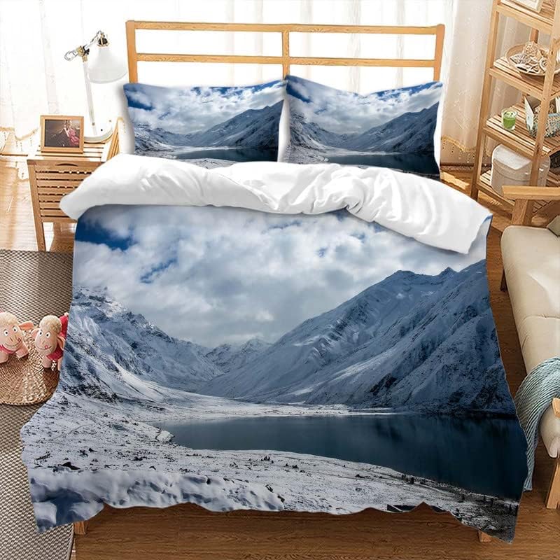 Snowy Mountain Duvet Cover Winter Snow Scene Bedding Set Full Queen Size Natural Snow Mountain Comforter Cover for Bedroom Decor