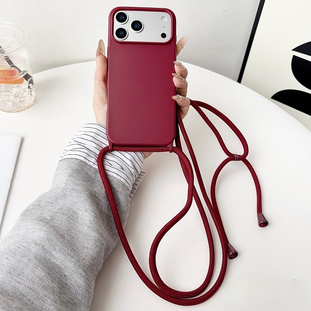 Cordon Lanière Collier Bandoulière Étui en Silicone Liquide Pour iPhone 17 16 Pro 15 14 13 11 Pro Max 12 13mini 17Air Coque Souple For Iphone 17Pro rouge vin