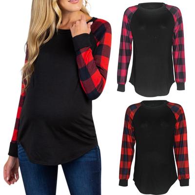 Women's Pregnancy Long Sleeve Splicing Plaid T-shirt Maternity Top Clothes