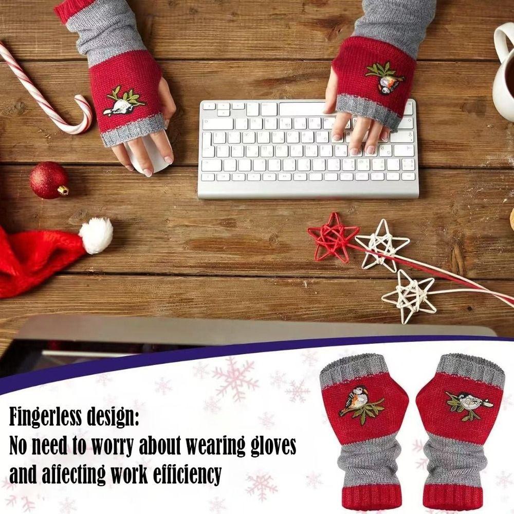 Warm Half Finger Gloves Embroidered Bird Fingerless Gloves Fashion Knit Mittens  for Men Women