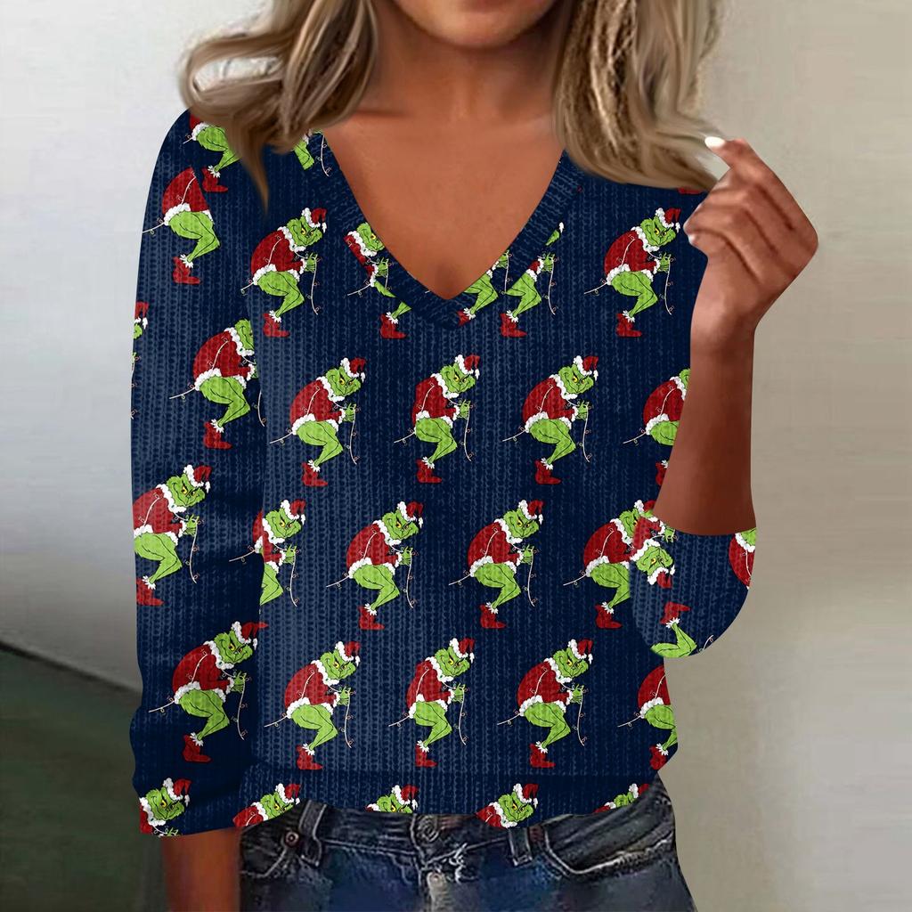 Women's Cute Sweatshirt Knitted Fashion Casual V-neck Long-sleeved  Cozy Print Top
