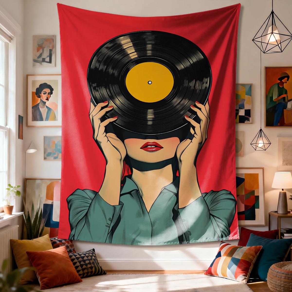 

Vinyl Record Tapestry Woman with Record Retro Music Art Bold Red Design Polyester 5161 in for Bedroom or Dorm 74x94cm(29x37in)