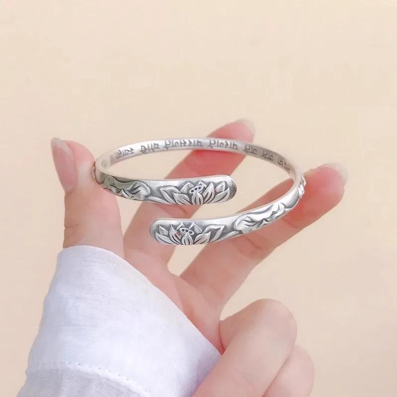 Vintage 925 Thai Silver Lotus Flower Cuff Bracelet for Women Om Mani Padme Hum Buddhism Ethnic Adjustable Bangle Jewelry