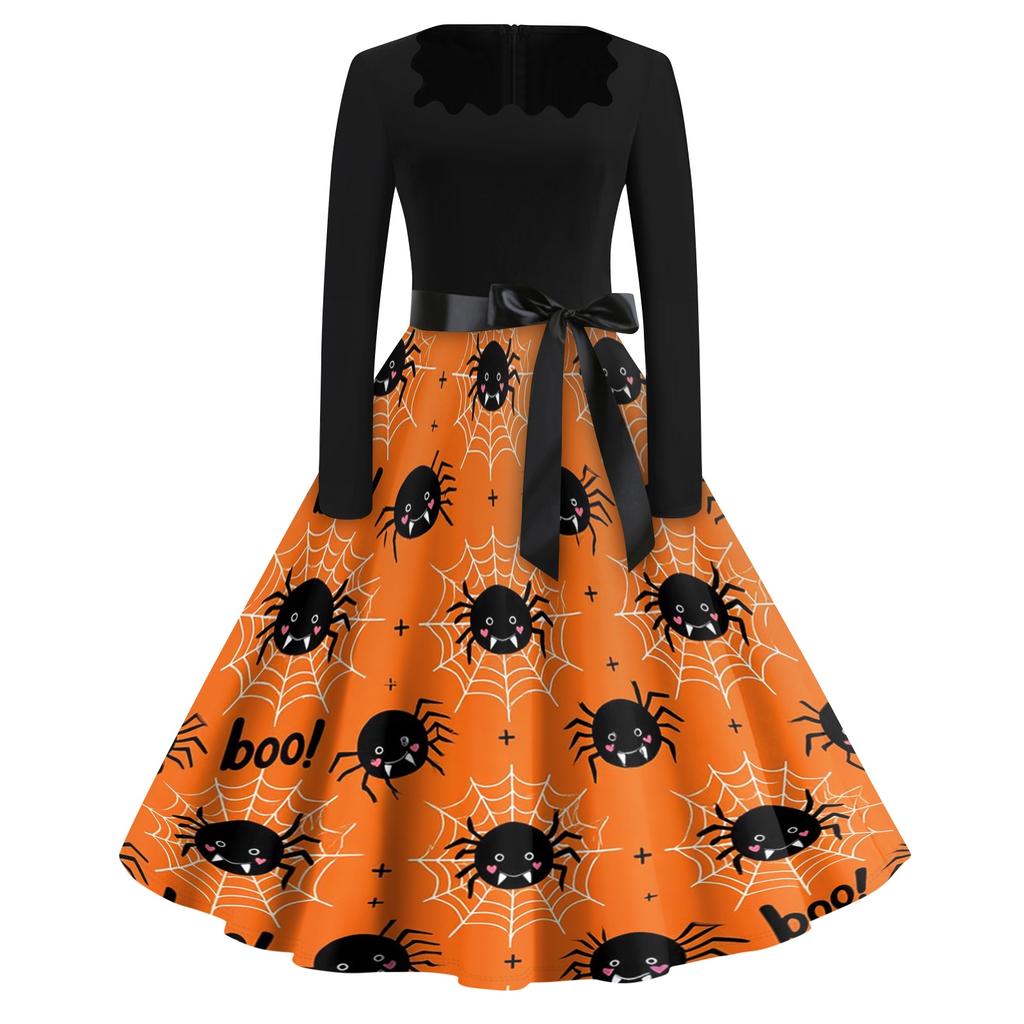 Women's Casual Vintage Dress with Halloween Print Square Neck for Daily Wear