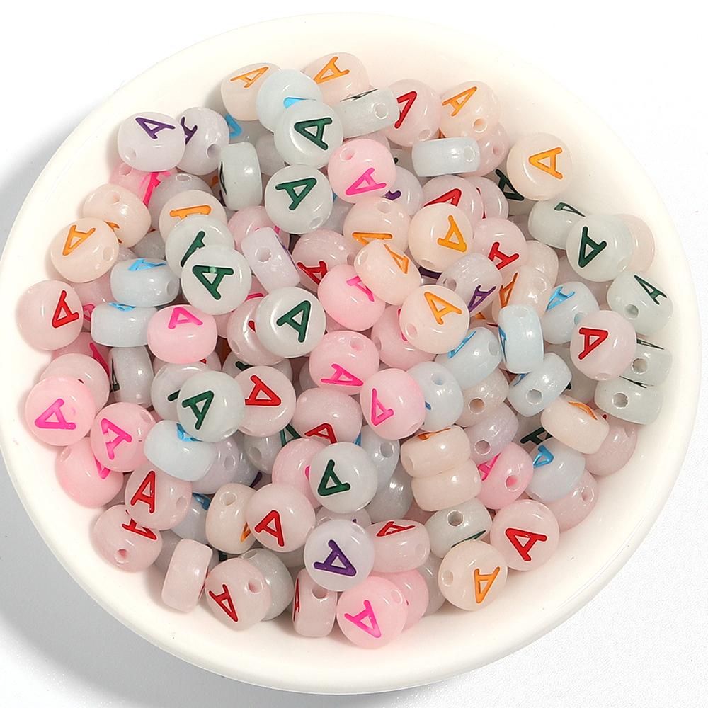 100Pcs/Lot 7mm Acrylic Luminous Beads Translucent Colorful Letter A-Z Flat Round Beads Diy Fashion Bracelet Necklace  Jewelry