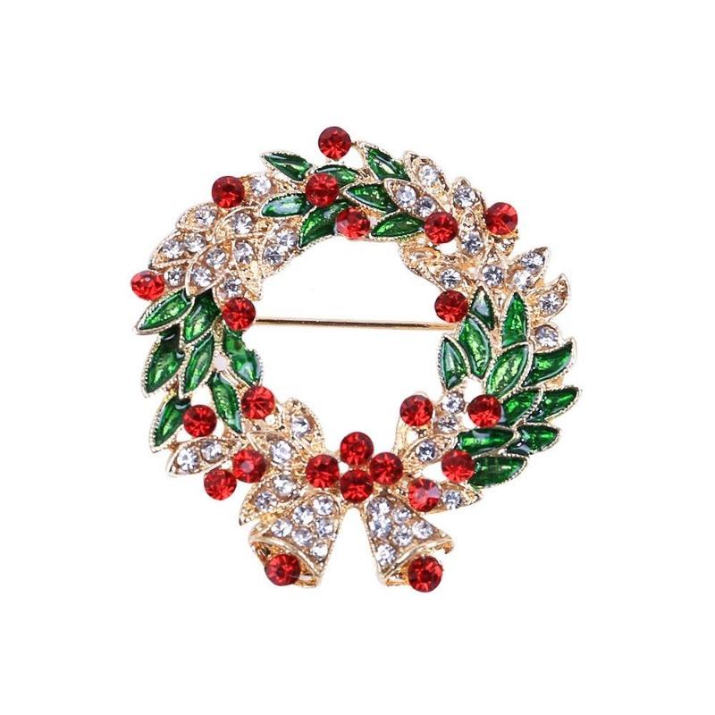 New Fashion Design Red Enamel Bell Crystal Christmas Brooch Pins Colorful Christmas Wreath. as the picture