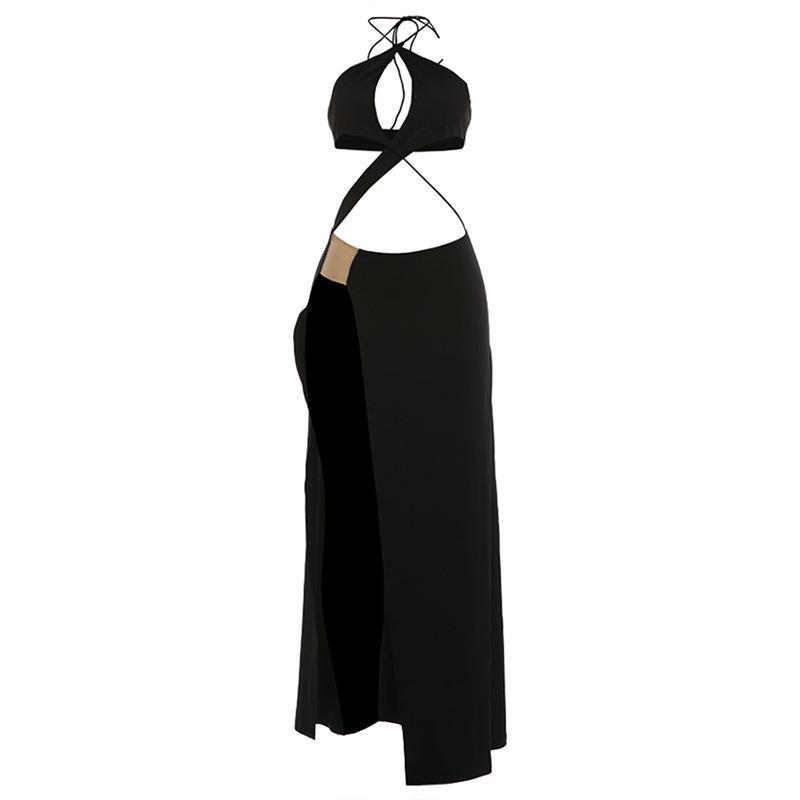 European and American style 2026 summer short-sleeved new fashionable and sexy solid color hollow high-waisted split dress S