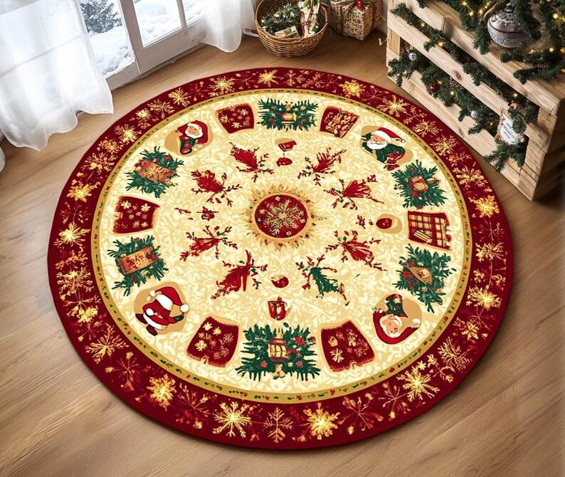 Festive Snowflake Christmas Tree Round Rug Holiday Decor Cozy Living Room Bedroom FloorMat Winter Seasonal Home Gift Bedside Rug