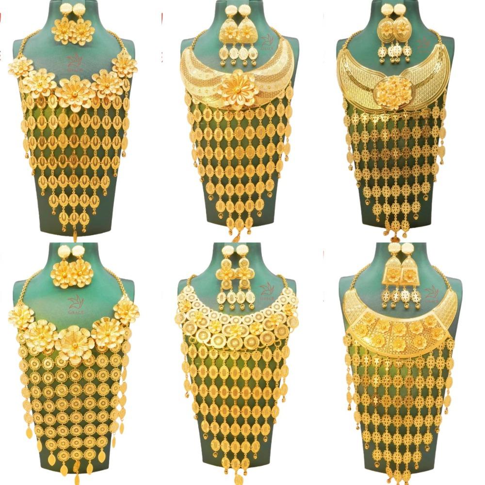Arab Dubai Gold Plated Jewelry Tassel Necklace Earrings Set Kenyan Ethnic Style African Wedding Jewelry Women