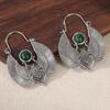 Vintage Inlaid Synthetic Emerald Hand Carved Scarab Shape Silvery Plated Hoop Earrings Women's Exquisite Festival Jewelry Crafts