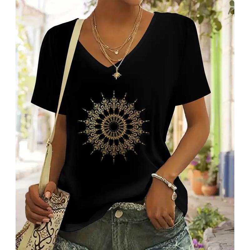 

Fashion Sun Painting Blouses Short Sleeved V-Neck T Shirts Casual XS чорний