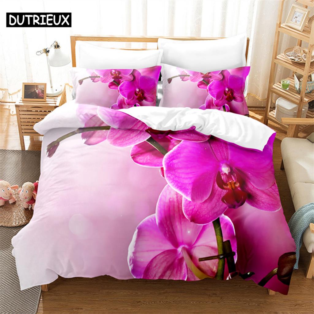 Pink Phalaenopsis Queen Bedding Set Girls Duvet Cover Bedroom Bed Set Comforter Cover Set King Size Duvet Cover Set Bedding Sets