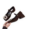 Thick Heel High Heels Retro Square Head Rhinestone Mary Jane Small Leather Shoes Women's Shoes Spring Autumn Winter Black Single Shoes