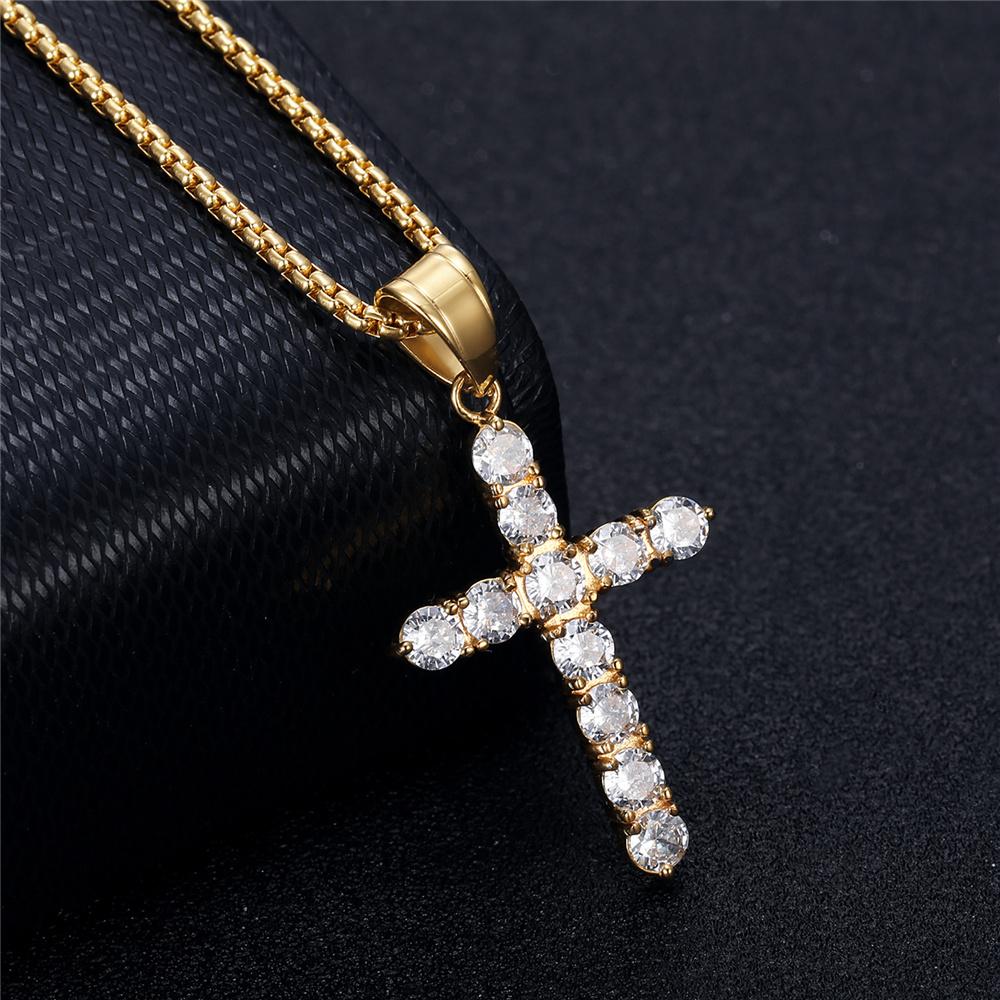Religious Iced Out Bling Small Jesus Cross Pendant Gold Color Stainless Steel Zircon Christian Necklace For Women Jewelry Gift