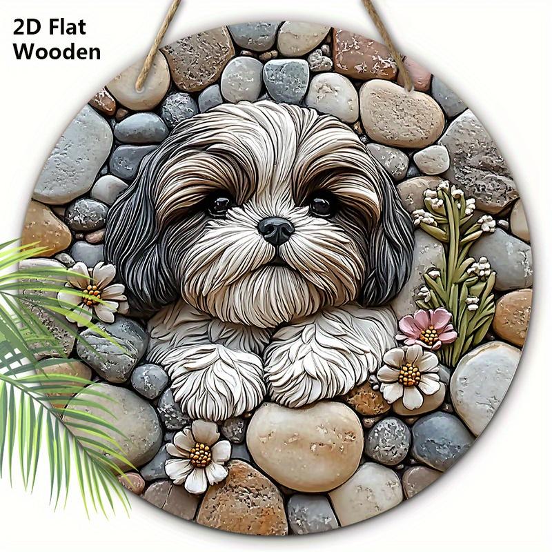 

Rustic Wooden Sign with Cute Yorkshire Pattern - Charming Round Sign for Front Door, Wall Hanging Decor - Ideal Home Decoration 20cm/7.87in светло-серый