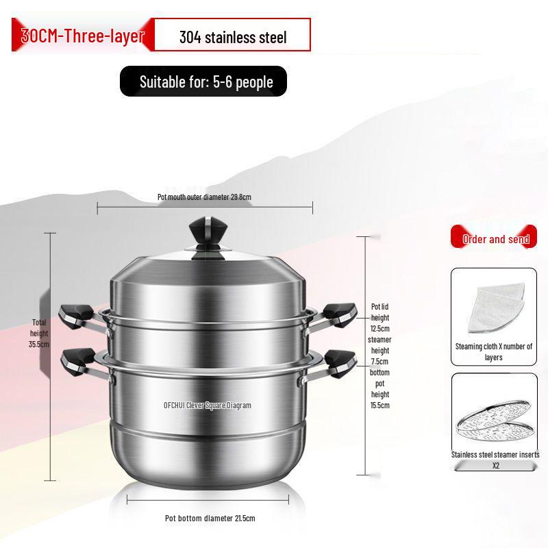 Large 304 Stainless Steel Three-Layer Household Steamer for Induction and Gas Stoves