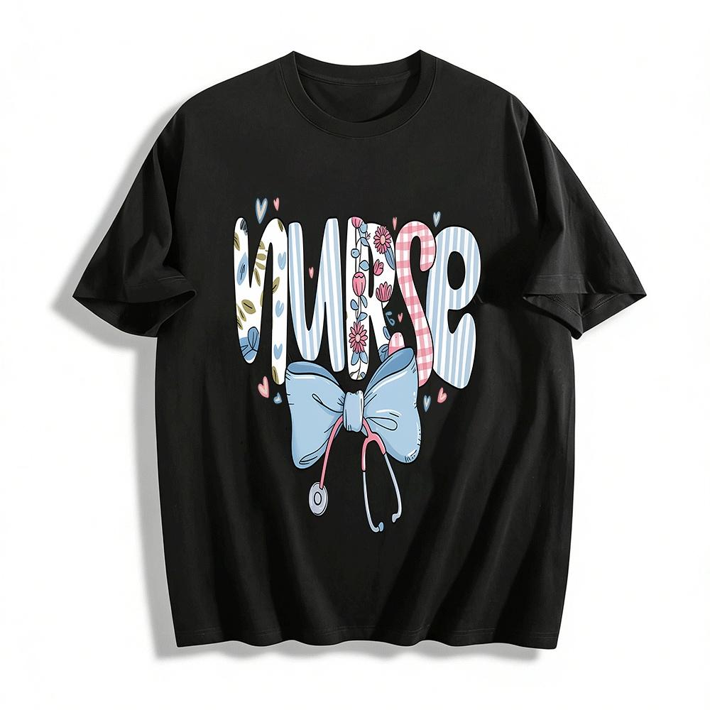 Sweet Bow Stethoscope NURSE Print Casual Top Pure cotton T-shirt XXS