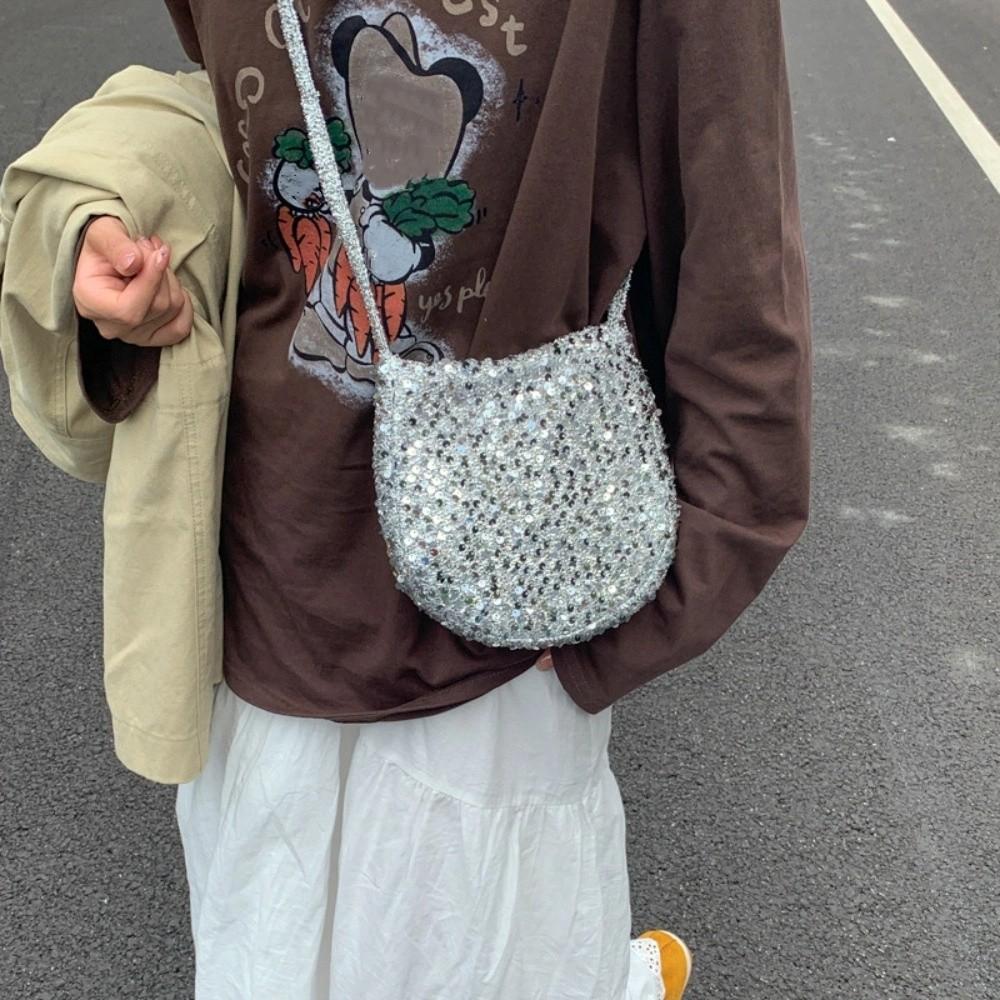 

Portable Blingbling Sequin Crossbody Bag Cute Heart Canvas Shoulder Bag Handbag Large Capacity Cloth Messenger Bag Travel серебряный