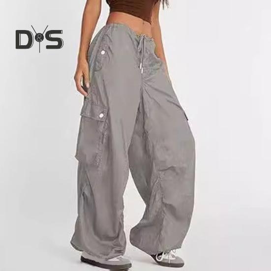 Dámské cargo kalhoty nastavitelné stahovací šňůrkou široké nohavice letní kalhoty s mnoha kapsami nízký pas jednobarevné dlouhé kalhoty