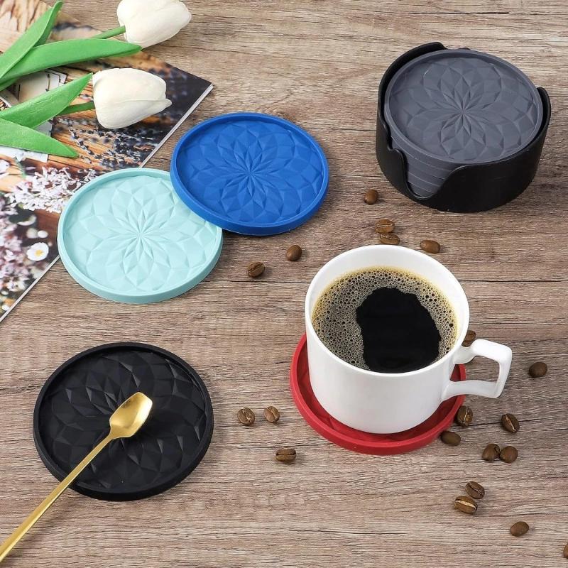6Pcs Tabletop Protection Coaster &1 Base Round Non-Slip Cup Mat with Holder Non-Stick Silicone Coasters for Drinks & Wine Glasss