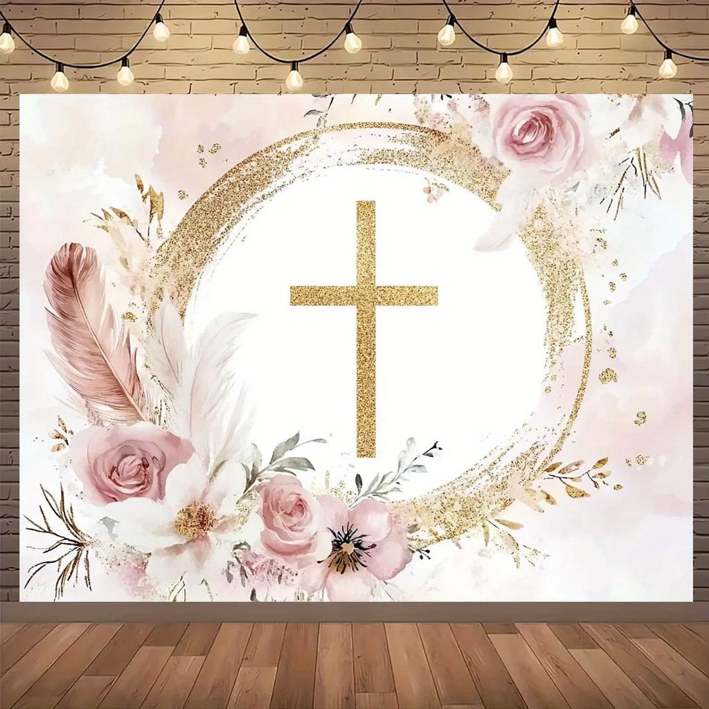 Elegant floral religious party background, featuring golden glitters and cross designs, suitable for baptisms, Communion, etc